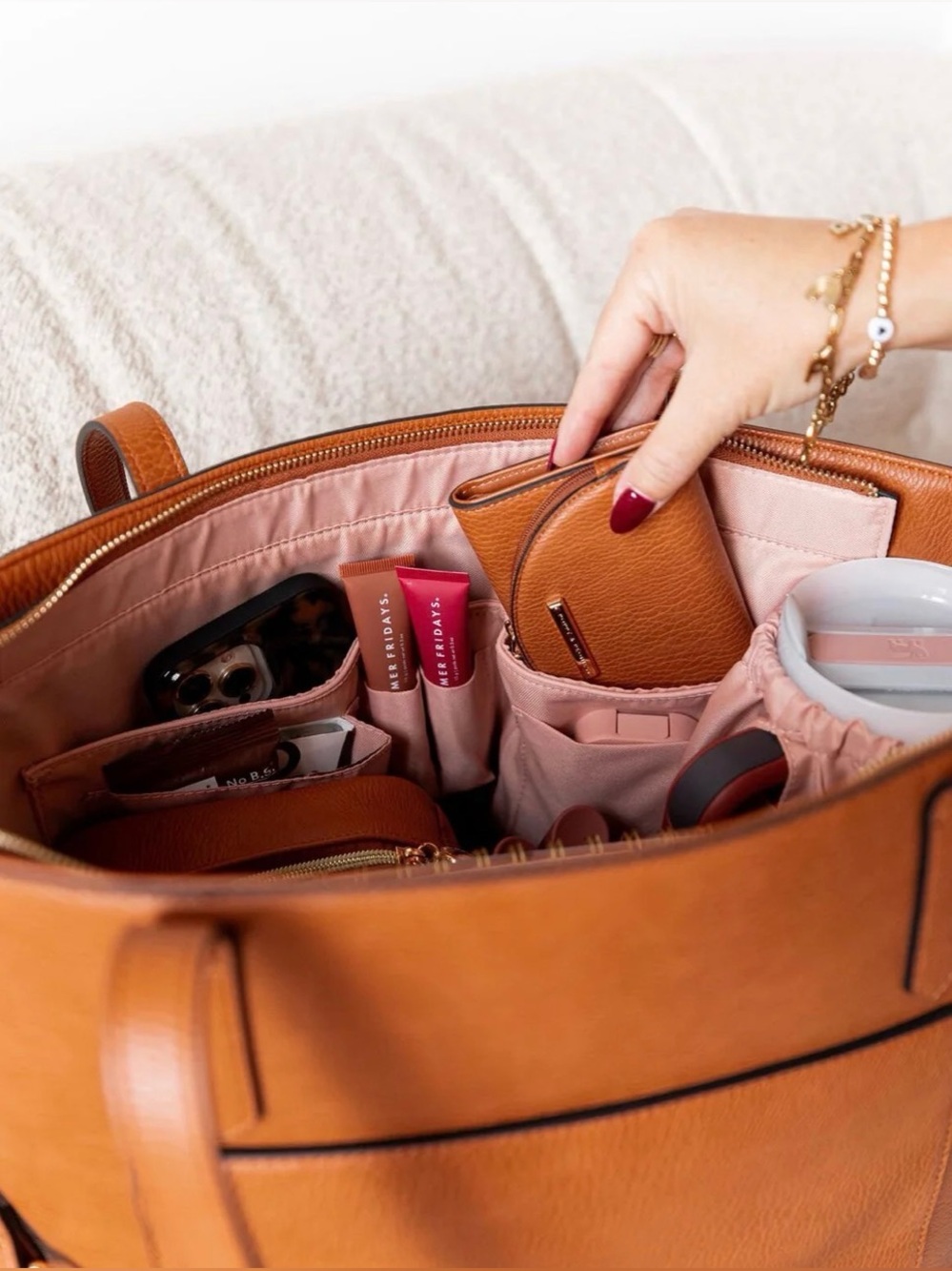 Poppy & Peonies Cognac Leather Tote Bag - Picture 6 of 8